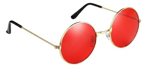 Lennon Style Round Sunglasses – Red Flat Lens Glasses Retro Vintage Hippy Tea Shades for Men & Women, Steampunk Fashion Eyeglasses, UV400 Protection Eye Wear