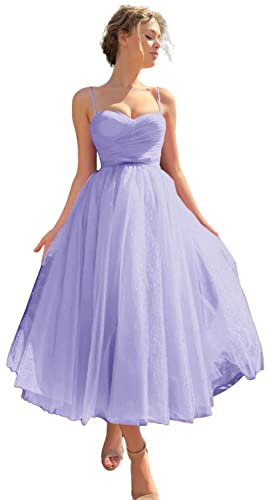HPPEE Vestidos de graduación de regreso a casa, tirantes delgados, longitud del té, espalda abierta, vestidos de fiesta para adolescentes, Lila, 38