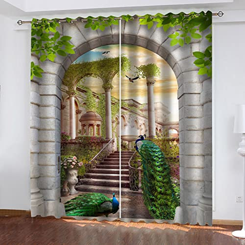 GSKOQD Rideau Occultant Isolant Thermique Salon Rideaux À Oeillets Chambre Enfant 3D Bâtiment De Jardin De Paon Rideaux Et Draperies Intérieurs 260X214Cm Lot De 2 Panneaux Anti Froid Et Acoustiques