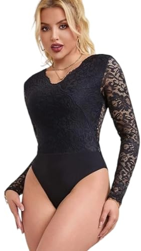 comeondear Body Mujer Verano Encaje Bodies Sexy Manga Larga Talla Grande Bodysuit Vestir Cuello en V Lingerie Fiesta Casual Bodis Elástico Lenceria Negro,M