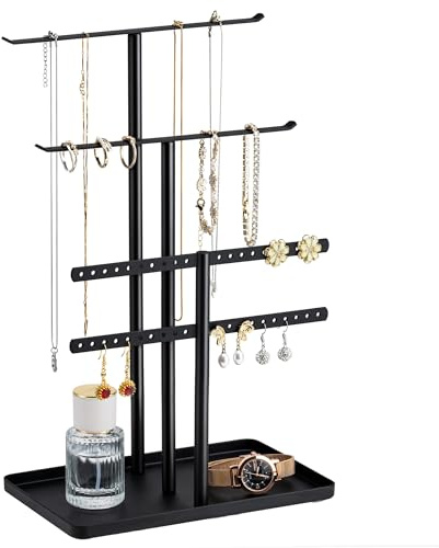 Organisateur de Support à Bijoux à 3 Niveaux - Support Solide pour 80 Pièces de Bijoux - Porte-Bijoux Noir - Porte-Bijoux pour Colliers, Boucles d'oreilles, Bracelets, Bagues - Cadeau pour Femmes
