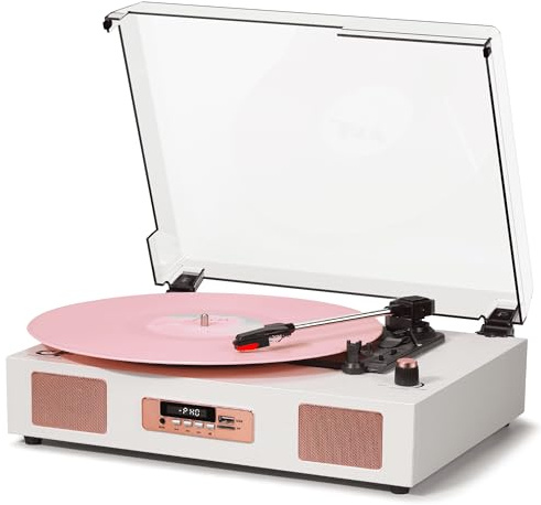 Vinyl Record Player Vintage Wireless Bluetooth Record Player with Stereo Speakers, USB/TF Card Recording, LP Player with 3 Speed Belt Drive Turntable Support RCA Line-Out AUX Input EQ,White& Rose Gold