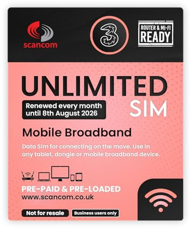 Three Unlimited Data SIM - Uncapped 5G - Preloaded MONTHLY Until August 2026 - Plug & Play for Routers & Phones - Access to Three & Vodafone - Connects to the Strongest Signal available
