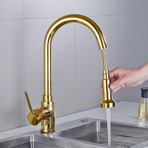 Pull Out Kitchen Mixer Tap Gold Sink Tap Swivel Brass Pull Out Kitchen Tap-Gold