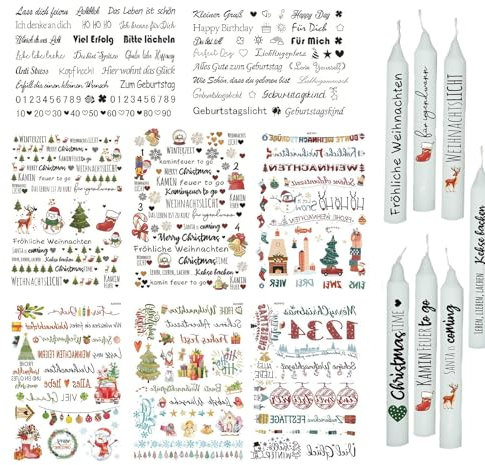 8 Stück Kerzentattoos Weihnachten Kerzenfolie, Wassertransferdruck Kerzenaufkleber, Wasserschiebefolie Kerzen Dekorieren, Weihnachts Sticker Adventskerze Kerzensprüche Für Kerzen/Keramik, 200+ Muster