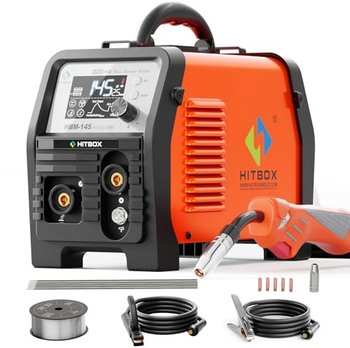 HITBOX Schweißgerät 145A 220V 4-in-1 (Gaslos MIG/MMA E-Hand/LIFT-TIG/Spool Gun) IGBT-Inverterschweißgerät mit LED-Display · Schweißt legierte Stähle, Stahl & Eisen bis 0,8-1,0mm(HBM145)