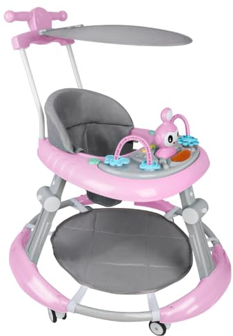 Girello pieghevole per neonati da 6 a 18 mesi, girello per bambini ragazzi e ragazze, barra di spinta alta + cappotta girevole a 360° + musica, 67 x 67 x 79 cm, rosa