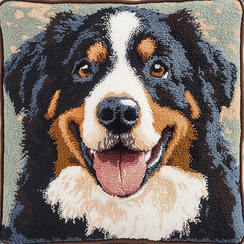 WallustrioaW Chien animal Kit De Loquet À Crochet Coussin,bouvier bernois,Kit De Coussin À Crochet À Loquet Diy Débutants Adultes Adolescent Cadeau Broder,43x43cm