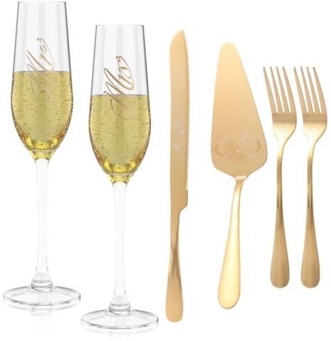 Toaboa 6 stycken champagneflöjter, glas, rostfritt stål, champagneglas för bröllop med tårtspade, kakknivar, romantisk design, tårtknivar, set bröllop för bröllop, förlovningar, årsdagar (6 st)