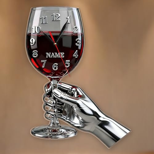 Horloge murale personnalisée sur le thème des verres à vin, horloge personnalisée avec nom, décor pour les bars ou les caves à vin, cadeaux de Noël ou d'anniversaire pour les hommes et les femmes