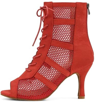 AOQUNFS Botas de Baile Latino Mujer Tacón Alto Botines de Baile de Salsa Bachata Tango y Samba Práctica de Salón Zapatos de Baile,L446-Rojo-8.5,EU38