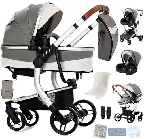 3-i-1-resesystem, barnvagn med dubbelriktad dragfunktion, multifunktionell, hög sikt, för spädbarn 0–3 år, med sovkorg och bilstol (X518-Grey)