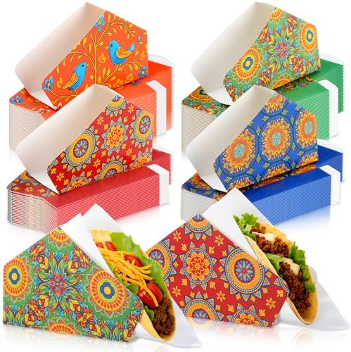 Qinyoung 120 Sets Mexican Taco Holder with Greaseproof Paper Taco Stand Rack Tray Stand up Nacho Holder Disposable Fiesta Party Snack for Mexican Birthday Party Supplies(5.5×2×2.2 Inches)