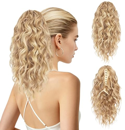 Pwsap 12Inch Ponytail Extension Pferdeschwanz Haarteil, Synthetic Wellig Haarverlängerung Zopf mit Klammer Kordelzug Clip in Ponytail Haarextension für Damen, Haarteil für dünnes Ｈaar, Blond