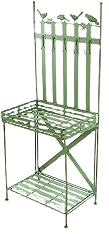 Trädgårdsbänk i metall, växtstativ för utomhusbruk med 5 krokar, 2-nivåers förvaringsställ för trädgårdsdekoration, 60 x 41 x 150 cm, hållbar och elegant design
