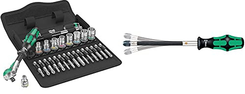 Wera Zyklop Speed-Knarrensatz 8100 SA 6, 1/4 Zoll-Antrieb, metrisch, 28-teilig, 05004016001 & 05028160001 392 Bit-Handhalter mit flexiblem Schaft, 1/4 Zoll x 177 mm