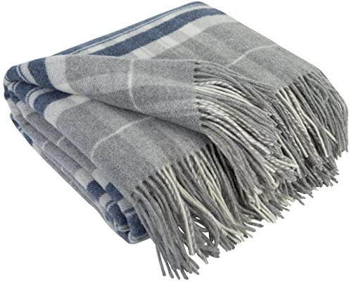 LYHome Plaid Cashmere con Lana Merinos - Coperta Invernale, Copriletto per Letto Divano, Singolo Matrimoniale Mezza Stagione, Coperte Pura Morbida 140 x 200 cm Grigio - Blu Scuro - Bianco Tartan