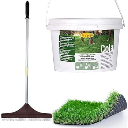 Suinga Cepillo Cesped Artificial Limpiar y peinar | Cepillo Telescópico 122 cm | Rastrillo Hojas Cesped Jardin + Cola Adhesiva Cesped Artificial 5,5 Kg
