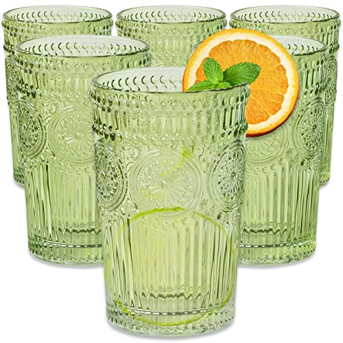 Kate Aspen Juego de 6 vasos de agua de cóctel con textura vintage, diseño de flores acanaladas, juego de vasos de agua de cóctel de 13 onzas