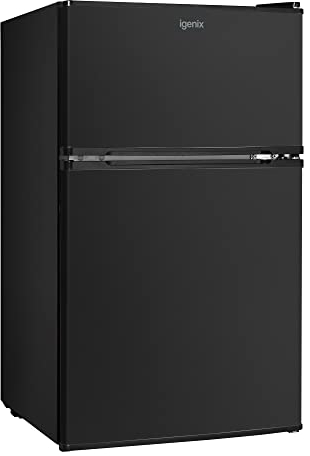 Igenix IG347FFB Freestanding Under Counter Fridge Freezer with 1 Safety Glass Shelf and 1 Salad Drawer, Reversible Door with two compartments, Adjustable Feet, 47 cm Wide, Black