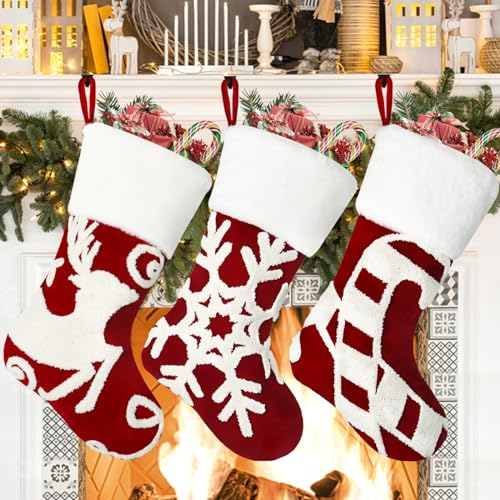 Weldomcor Weihnachtsstrumpf 3er Set, 50cm Weihnachtsstrümpfe Kamin Bestickte Elch Schneeflocke hängende Socken Geschenktüte Rustikaler Strumpf für Familienurlaub Weihnachtsfeier Dekorationen
