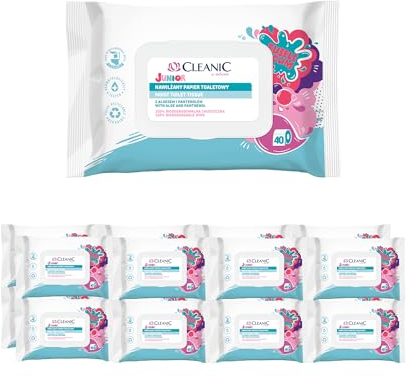 Cleanic Junior - Carta Igienica Monouso per Bambini - Combinazione di Carta Igienica e Salvietta Umida - Profumo di Gomma da Masticare - Aloe Vera - Pantenolo - 16x40 piezas