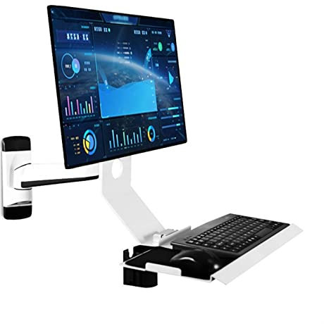 Monitor Desk Mount Wall Mount Workstation - Full Motion Standing VESA Mount Arm, Adjustable Mechanical Monitor Stand with Keyboard Tray Arm, Ergonomic Wall Mounted Desk Computer Monitor Stand Holder (