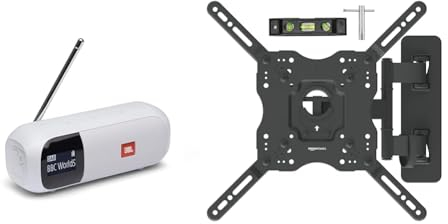 JBL Tuner 2 Radiorekorder in Weiß – Tragbarer Bluetooth Lautsprecher mit MP3 & Amazon Basics - Bewegliche TV-Wandhalterung
