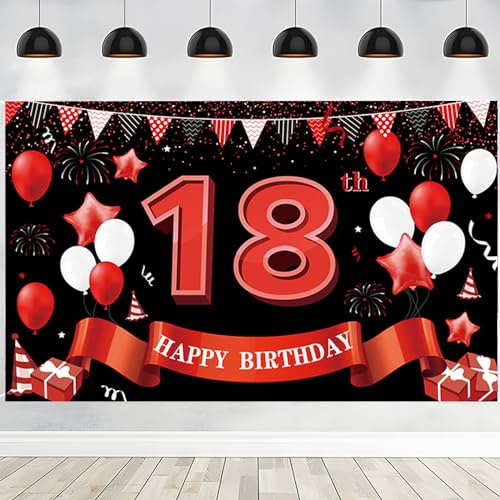 PIMXL 18. Geburtstag Banner Rot, 180 x 110 cm, Geburtstagsbanner für Jungen und Mädchen, mit Seil