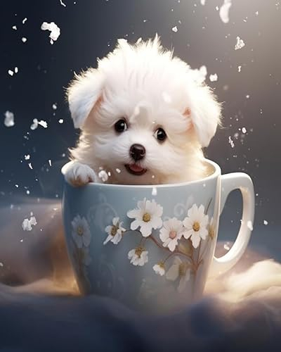 Paint by Numbers Canvas Painting Set,Super Cute Dog in A Tea Cup,Showing Head,DIY Adult Paint by Number Kits On Canvas,Drawing Paintwork with Paintbrushes,40x50cm,Without Frame
