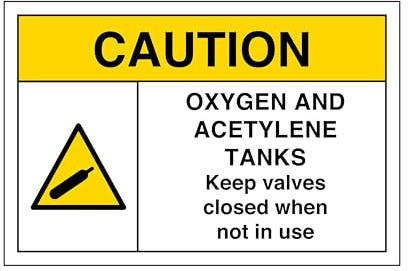 Caution oxygen and acetylene sign - 1.2mm Rigid plastic for indoor/outdoor usage (300mm x 200mm) Viewing Distance within 7m.