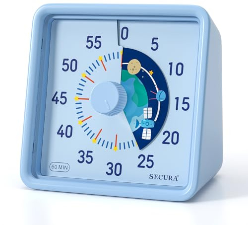 Secura 60-Minute Visual Timer for Kids Classroom (Blue & Blue) | Mute/Low/Loud Volume, 3S/30S Ringtone Duration, Low Power Reminder, Time Management Tool for ADHD (Blue & Blue)