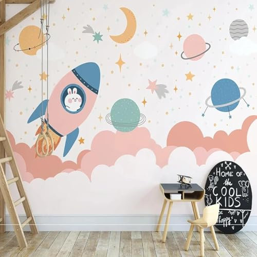MIXUEXUNLU 3D Mural Nordic Pink Space Rocket Planet Painting Children's Room Bedroom Background Wall Home Decoration
