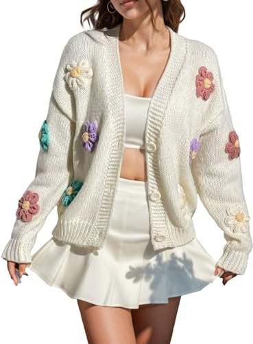 Womens Knit Cardigan Flower Beauty Applique Button up Sweater Coat Aesthetic Embroidery Fluzzy Sweaters for Ladies Cute Fashion Cardigans Long Sleeve Tops Open Front Outfit Clothes for (White, XL)