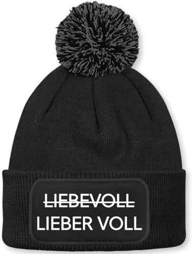 Prozente Momente Lieber voll – Beanie mit Bommel | Strickmütze | Wollmütze | Beanie mit Druck | lustige Sprüche | Apres-Ski | Winter | Schwarz