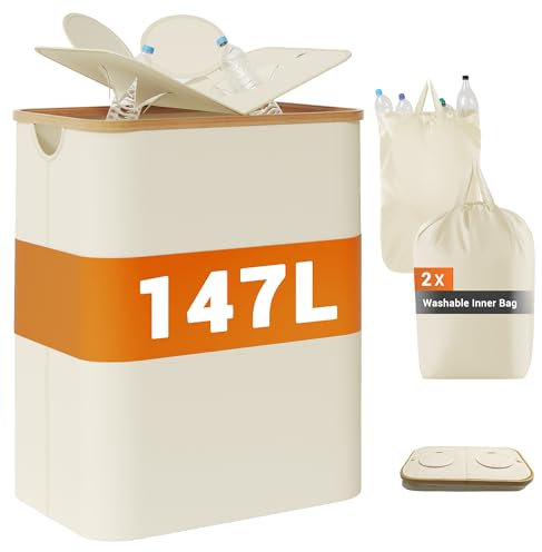 YOUDENOVA 150L Pfandflaschen Sammelbehälter mit Deckel & Geruchsdicht, Mülleimer 2 Fächer Küche, Flaschensammler Leergut & Altglas Aufbewahrung, Bambus Recycling Behälter Müllsackständer, Beige