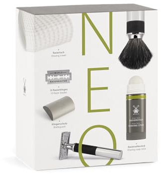 MÜHLE NEO Geschenkset - 15 tlg. unisex Rasier mit Rasierpinsel, Tuch, Klingenschutz, Seifenstick, 10 Klingen - vegan | Nassrasur-Set, Sicherheitsrasierer geschl. Kamm, Pinsel Black Fibre, 10 Klingen, Seifenstick, für Bart und Gesicht