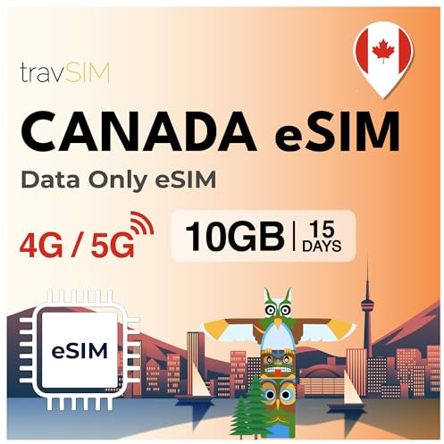 travSIM eSIM Kanada | 10 GB Mobile Daten mit 4G/5G Highspeed | 15 Tage lang gültig | Daten Kanada | Kanadische Prepaid Reise-eSIM für Freizeit- und Geschäftsreisende | Einfache Aktivierung