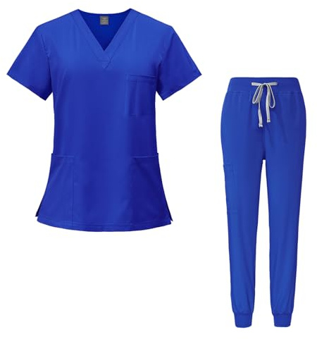 Meichoon Women's Scrubs Set V-neck Elastic Short-sleeved Top Quick-drying