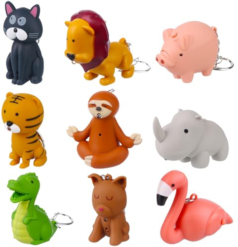HCEWSBFD 9Pcs Nurse Flashlight Pediatric Flashlight Keychain Animal Crocodile Tiger Pig Sloth Brown Dog Lion Cat Rhino Flamingo Keychain Pen Light for Nurse Badge Reel