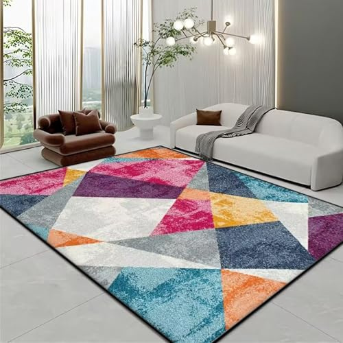 Tappeto Moderno Geometrico Lavabile Soggiorno Arredamento Casa Blu Teal Giallo Rosa Grigio Multicolore Quadrato 150x150 cm
