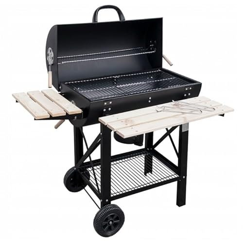 Large Garden BBQ Grill with Lid and Thermometer – Charcoal Barrel Grill with Chrome Cooking Grate, Side Shelves & Wheels – 2450 cm² Cooking Area
