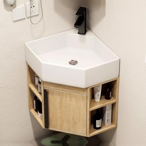 LLZJDDPLY Eckwaschtisch, Badmöbel Set für kleine bäder, Montierter Waschtisch mit Wasserhahn und Abfluss, Schwebender Waschtisch für kleine Räume(Natural,40cm/16in)