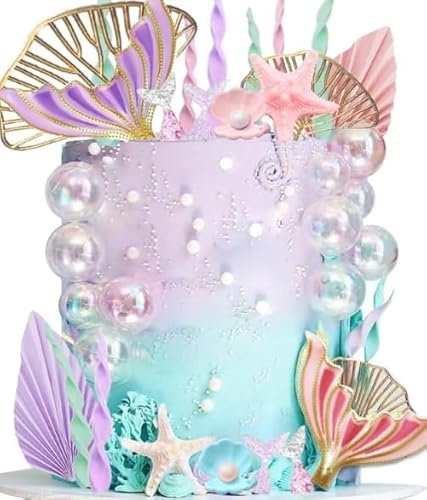 CharmeFleur Meerjungfrau Cupcake Toppers Meerjungfrau Geburtstagsdecorationen Große Meerjungfrauen Schwanze Seetang Blasen Muscheln und Goldene Ginkgo Blätter Cupcake Set für Unter-dem-Meer Cupcake