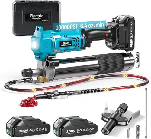 Seesii Akku Fettpresse: Hocheffizientes 6,4 oz/min 10000 PSI Elektrische Fettpresse Kit mit 2*2,0Ah Batterien, 39.4'' Schlauch & LED-Beleuchtung, entwickelt für Landwirte, LKW-Fahrer und Baumaschinen