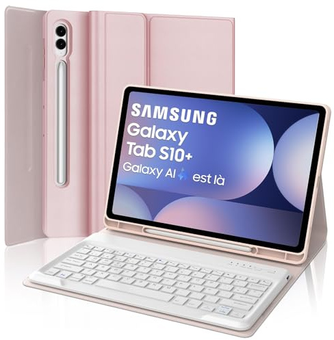 SENGBIRCH Teclado para Samsung Galaxy Tab S10 Plus 2024, Funda con Teclado para Samsung S9/S9FE Plus, España Ñ Bluetooth Desmontable Teclado Galaxy Tab S10+/S9+/S9FE+ 12.4 Pulgadas, Rosa