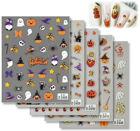 KEQAR 5 Blatt 3D Halloween Nail Art Sticker Selbstklebend Nagelaufkleber 5D Stereoskopisch Niedlicher Kürbis Geist Blumen Spuk Dekoration Nageldesign Zubehör