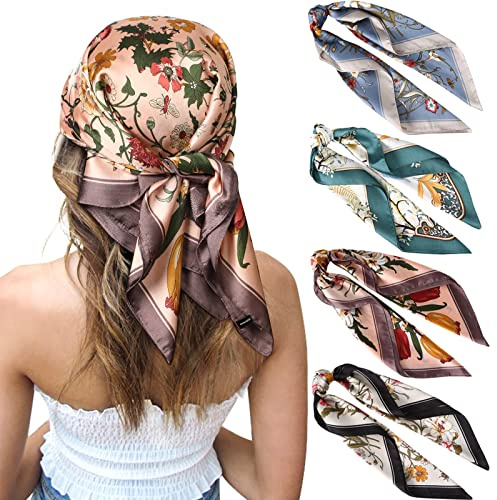 CHarmeFleur 70 Cm Seidenartiges Quadratisches Kopftuch 4 Stück Satin Quadratische Kopftücher Für Damen