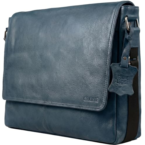 Crone Hamburg läder laptopväska, affärsväska av äkta läder, portfölj, arbetsväska, axelväska, laptopväska, stålblå