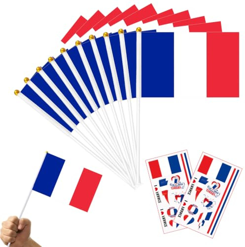 Lot de 20 drapeaux français avec bâton, petits drapeaux coudés pour la coupe du monde de football, les défilés de la journée de la Bastille, les événements de football et les décorations de fête
